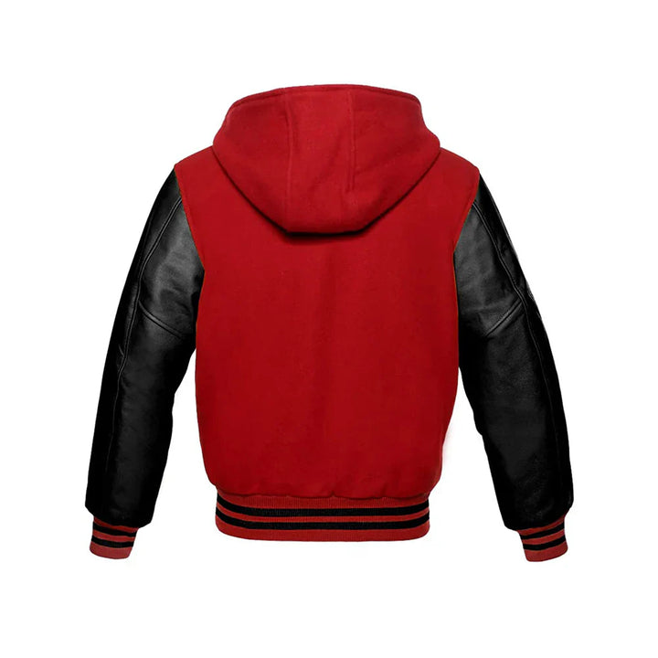 Men’s Classic Varsity Jacket with Hood – Wool Body, Leather Sleeves