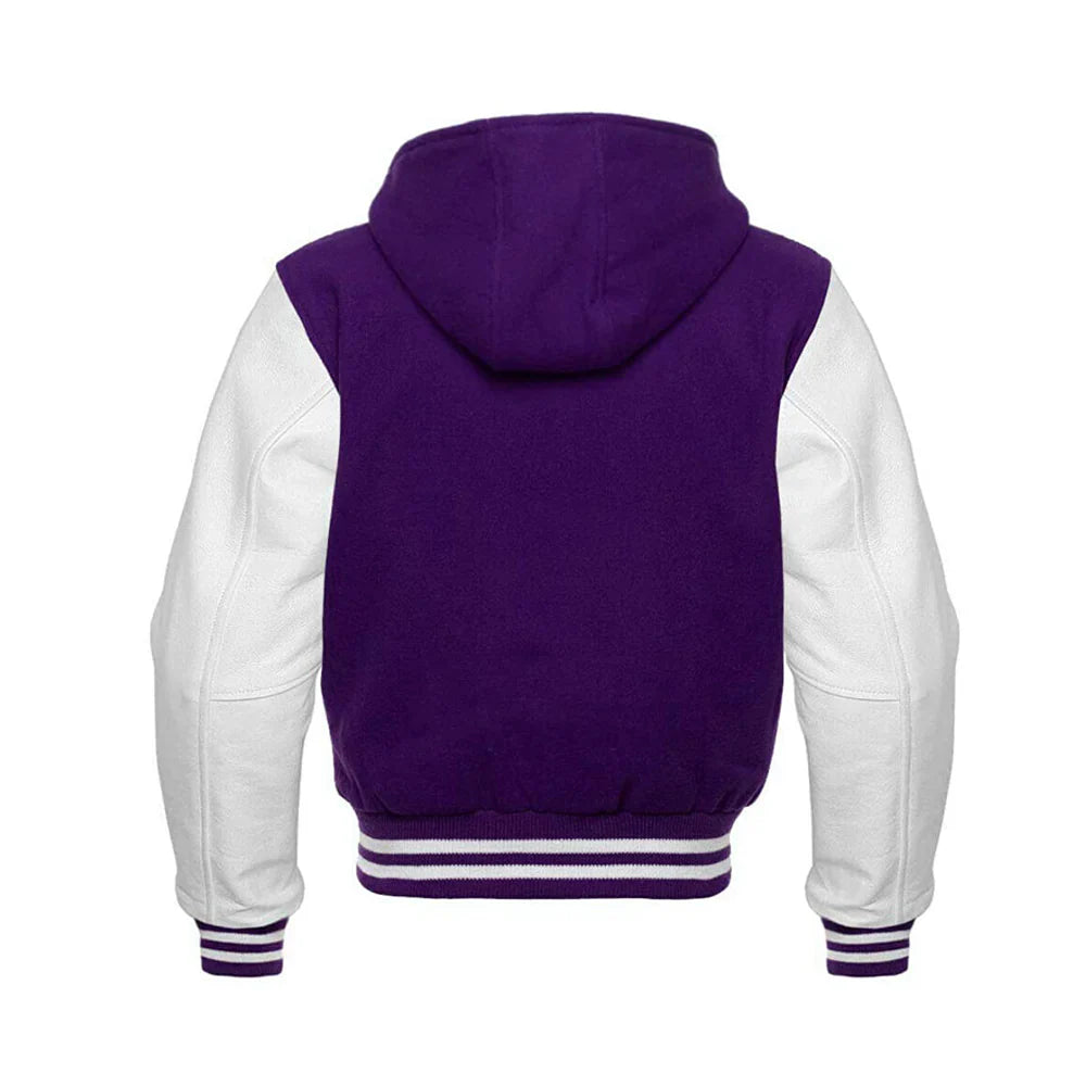 Men’s Classic Varsity Jacket with Hood – Wool Body, Leather Sleeves