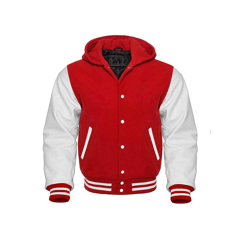 Men’s Classic Varsity Jacket with Hood – Wool Body, Leather Sleeves