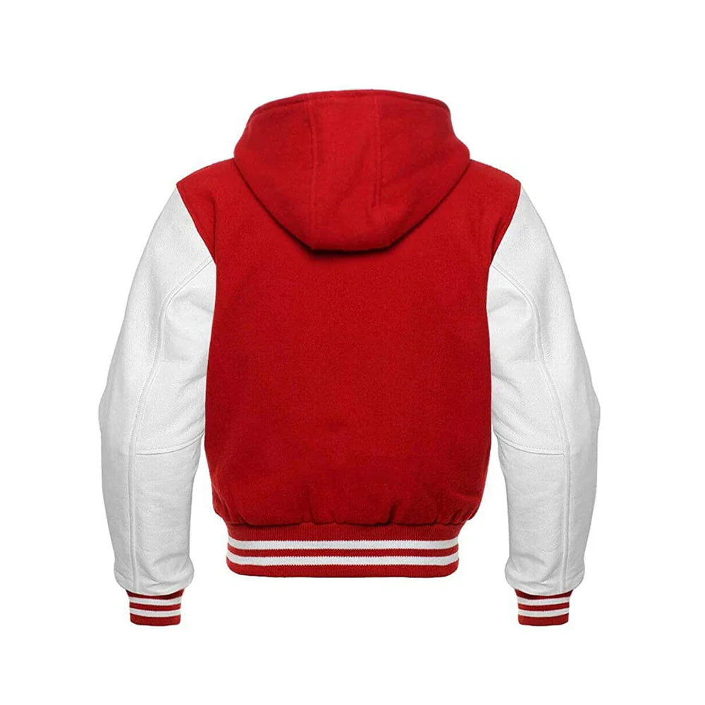 Men’s Classic Varsity Jacket with Hood – Wool Body, Leather Sleeves