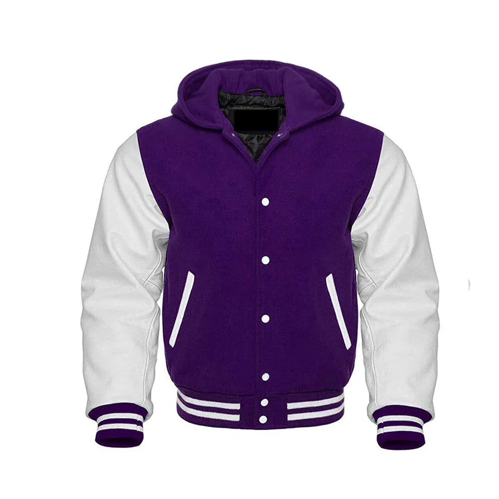 Men’s Classic Varsity Jacket with Hood – Wool Body, Leather Sleeves