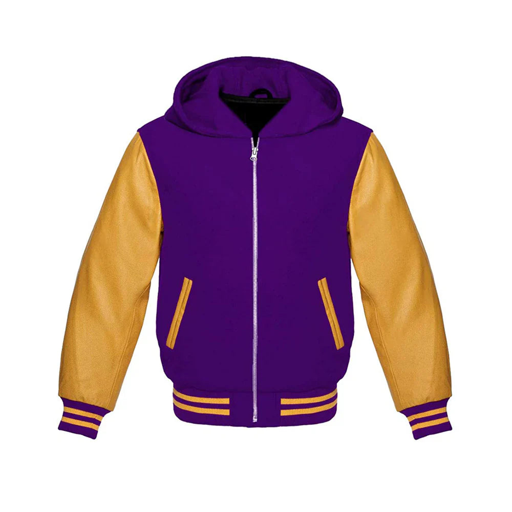 Men’s Classic Varsity Jacket with Hood – Wool Body, Leather Sleeves