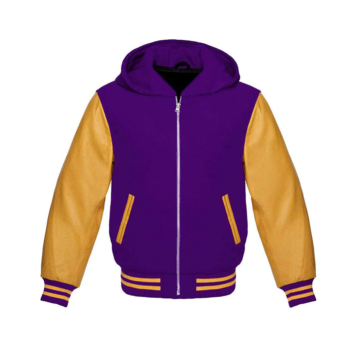 Men’s Classic Varsity Jacket with Hood – Wool Body, Leather Sleeves