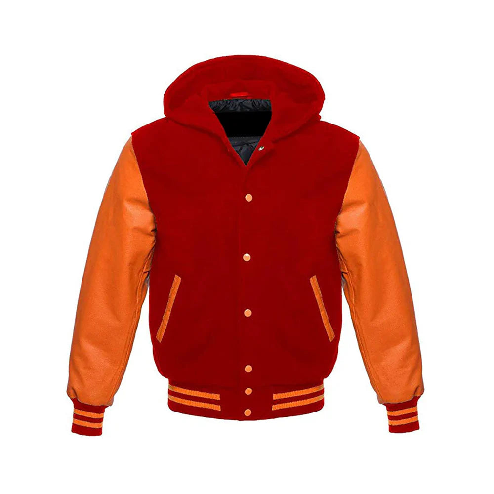 Men’s Classic Varsity Jacket with Hood – Wool Body, Leather Sleeves