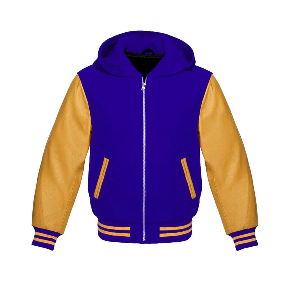 Men’s Classic Varsity Jacket with Hood – Wool Body, Leather Sleeves