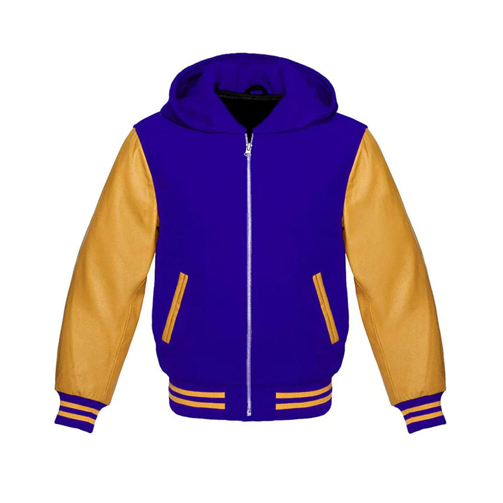 Men’s Classic Varsity Jacket with Hood – Wool Body, Leather Sleeves