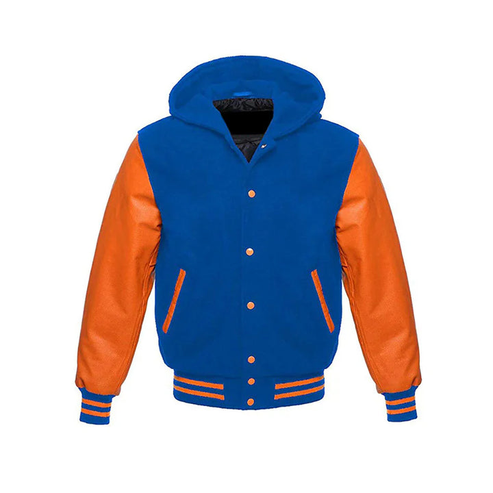 Men’s Classic Varsity Jacket with Hood – Wool Body, Leather Sleeves