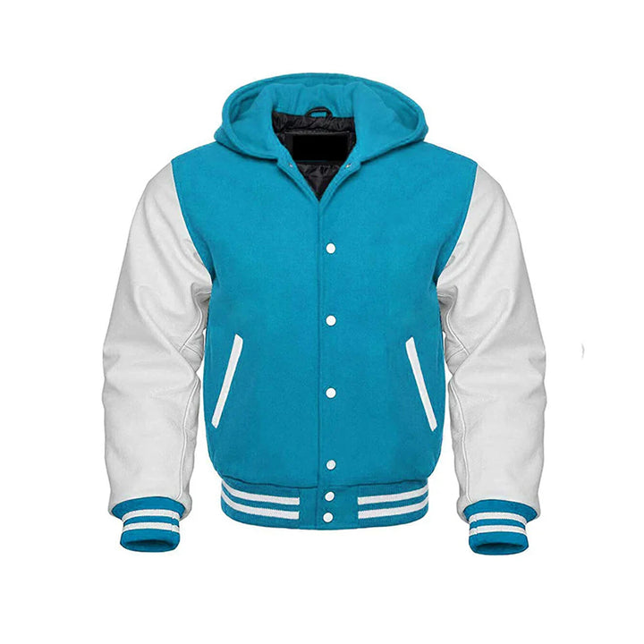 Men’s Classic Varsity Jacket with Hood – Wool Body, Leather Sleeves