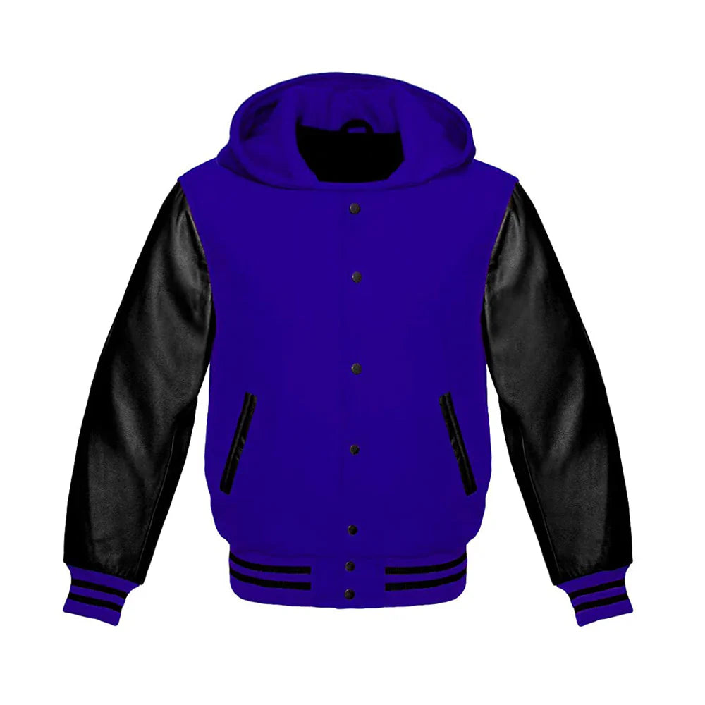 Men’s Classic Varsity Jacket with Hood – Wool Body, Leather Sleeves