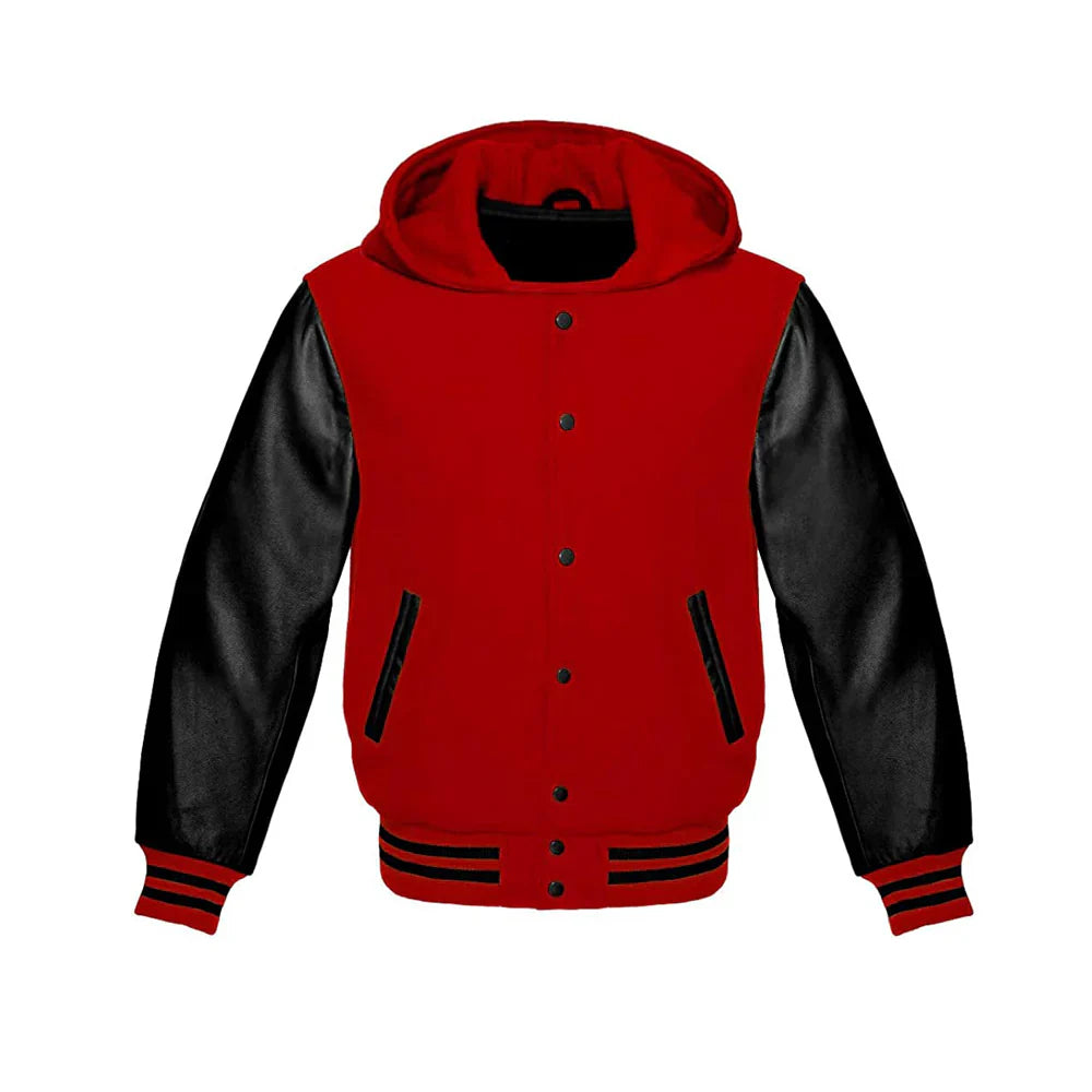 Men’s Classic Varsity Jacket with Hood – Wool Body, Leather Sleeves