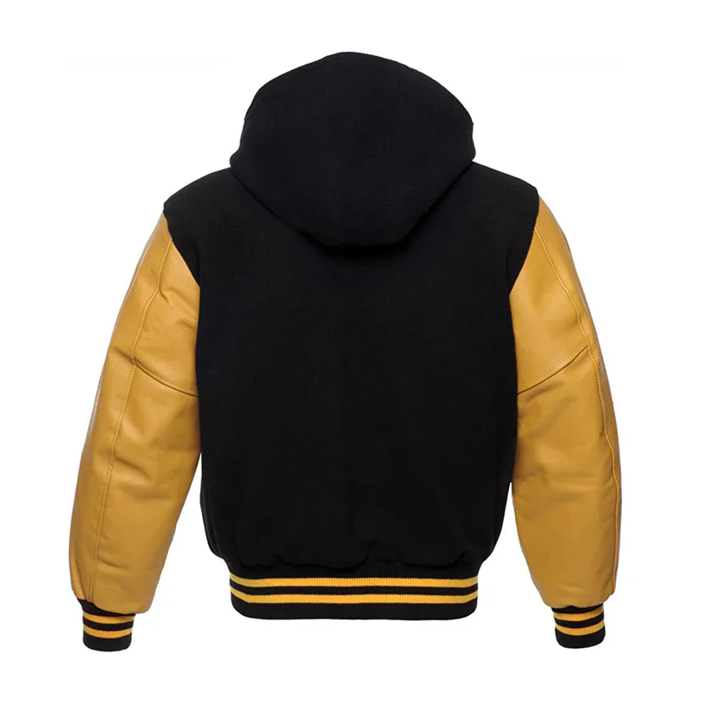 Men’s Classic Varsity Jacket with Hood – Wool Body, Leather Sleeves