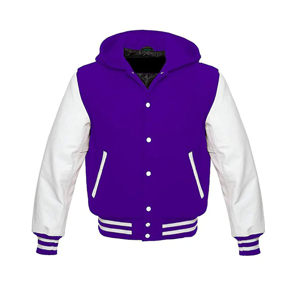 Men’s Classic Varsity Jacket with Hood – Wool Body, Leather Sleeves