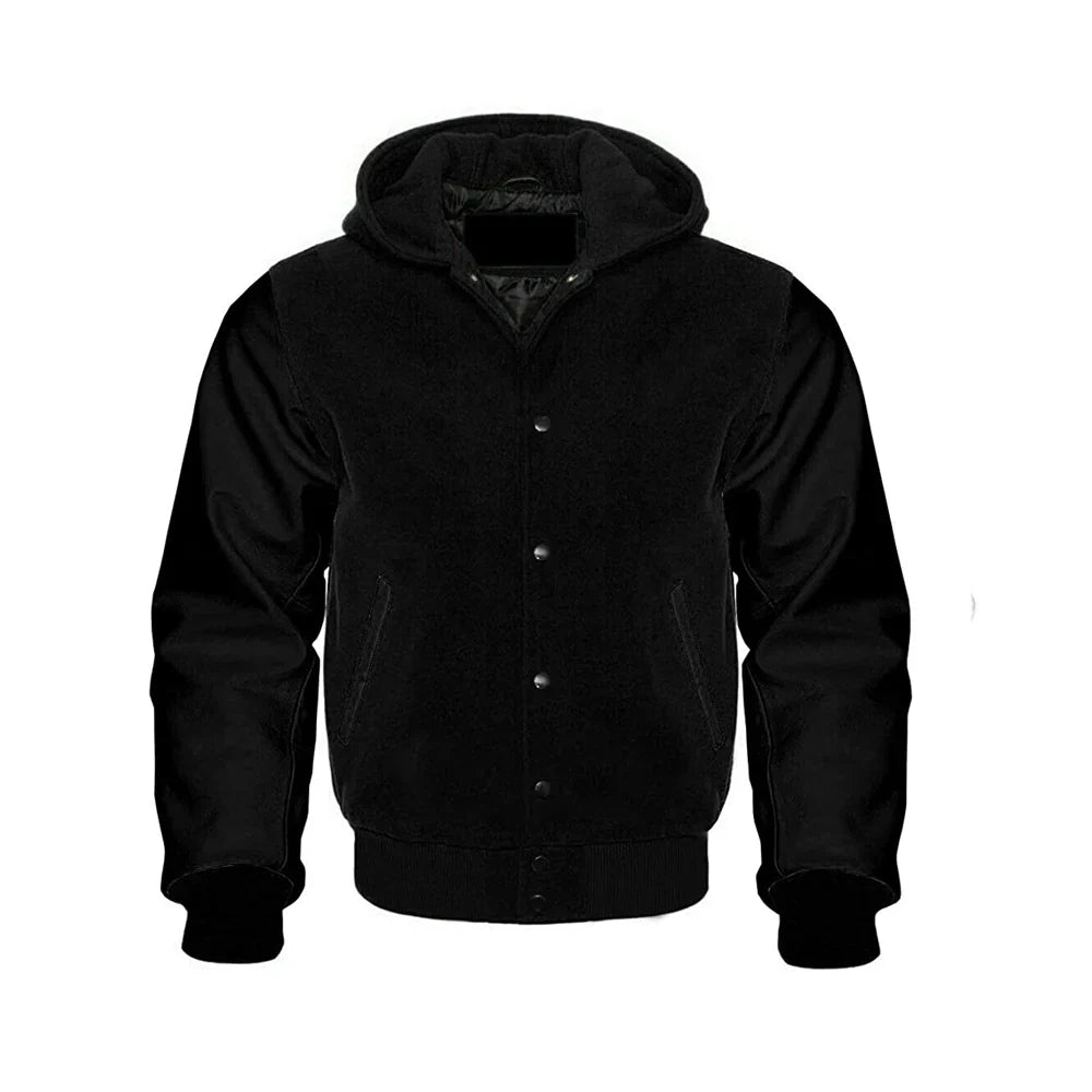 Men’s Classic Varsity Jacket with Hood – Wool Body, Leather Sleeves