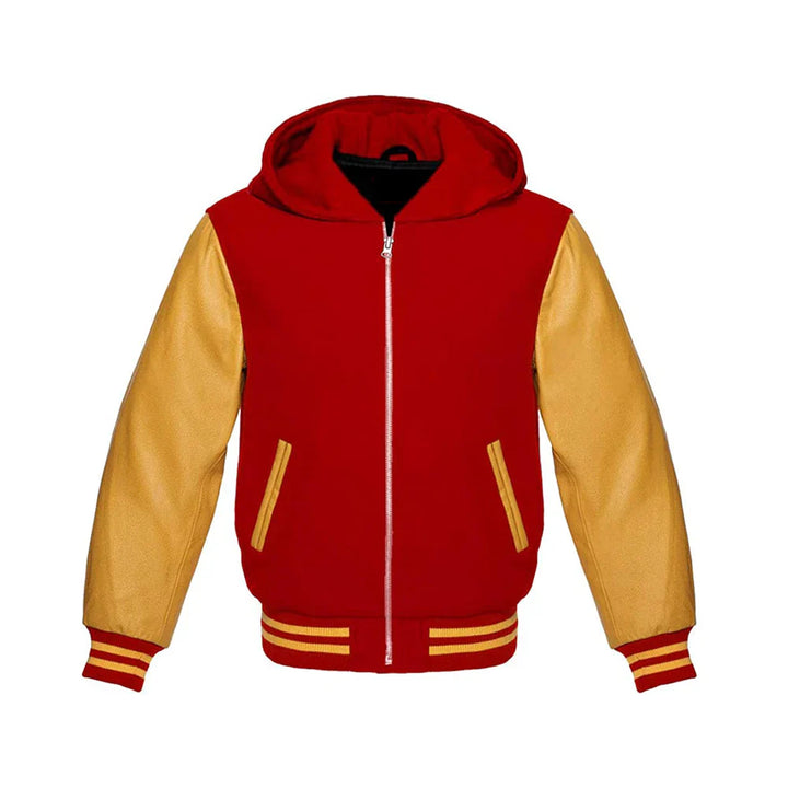 Men’s Classic Varsity Jacket with Hood – Wool Body, Leather Sleeves