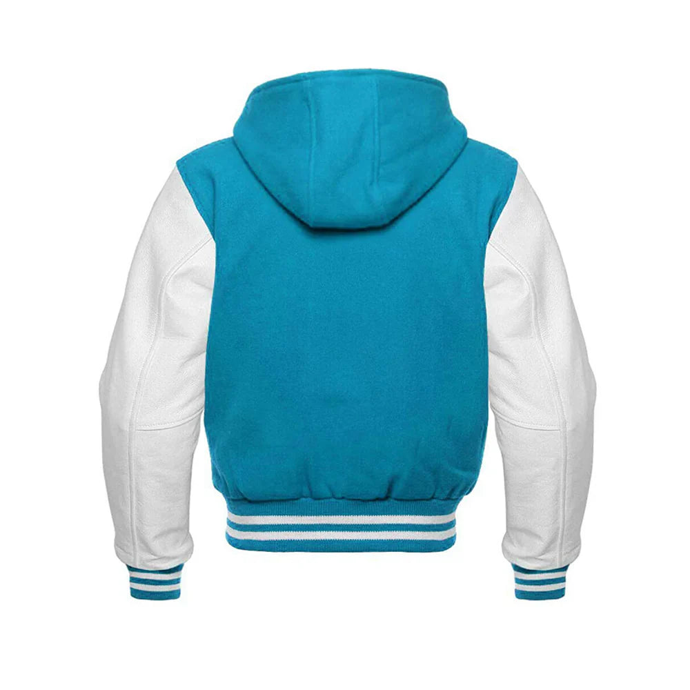 Men’s Classic Varsity Jacket with Hood – Wool Body, Leather Sleeves