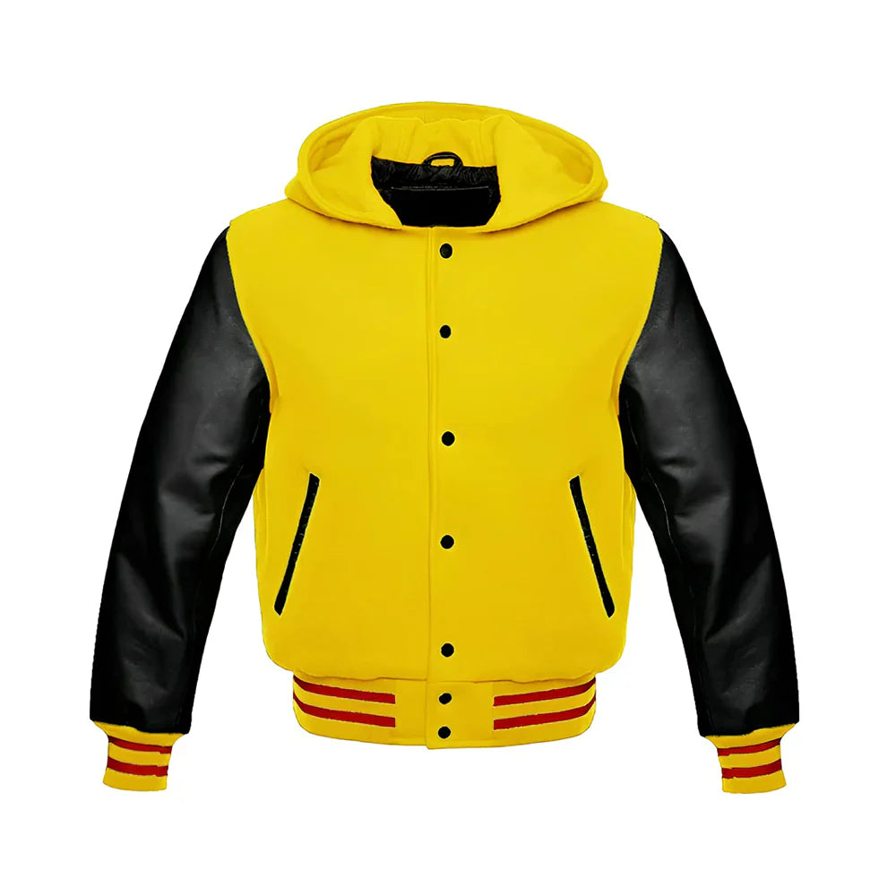 Men’s Classic Varsity Jacket with Hood – Wool Body, Leather Sleeves