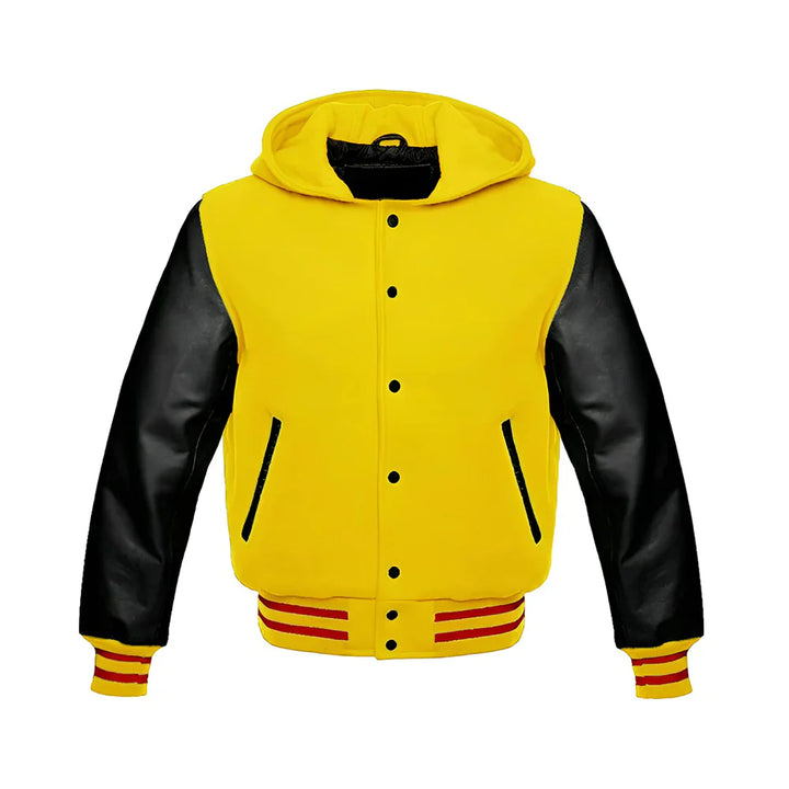 Men’s Classic Varsity Jacket with Hood – Wool Body, Leather Sleeves