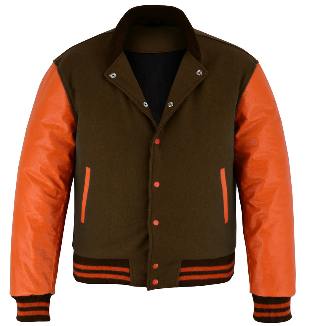 Classic Varsity Letterman Jacket Brown Wool with Orange Genuine Leather Sleeves and trims