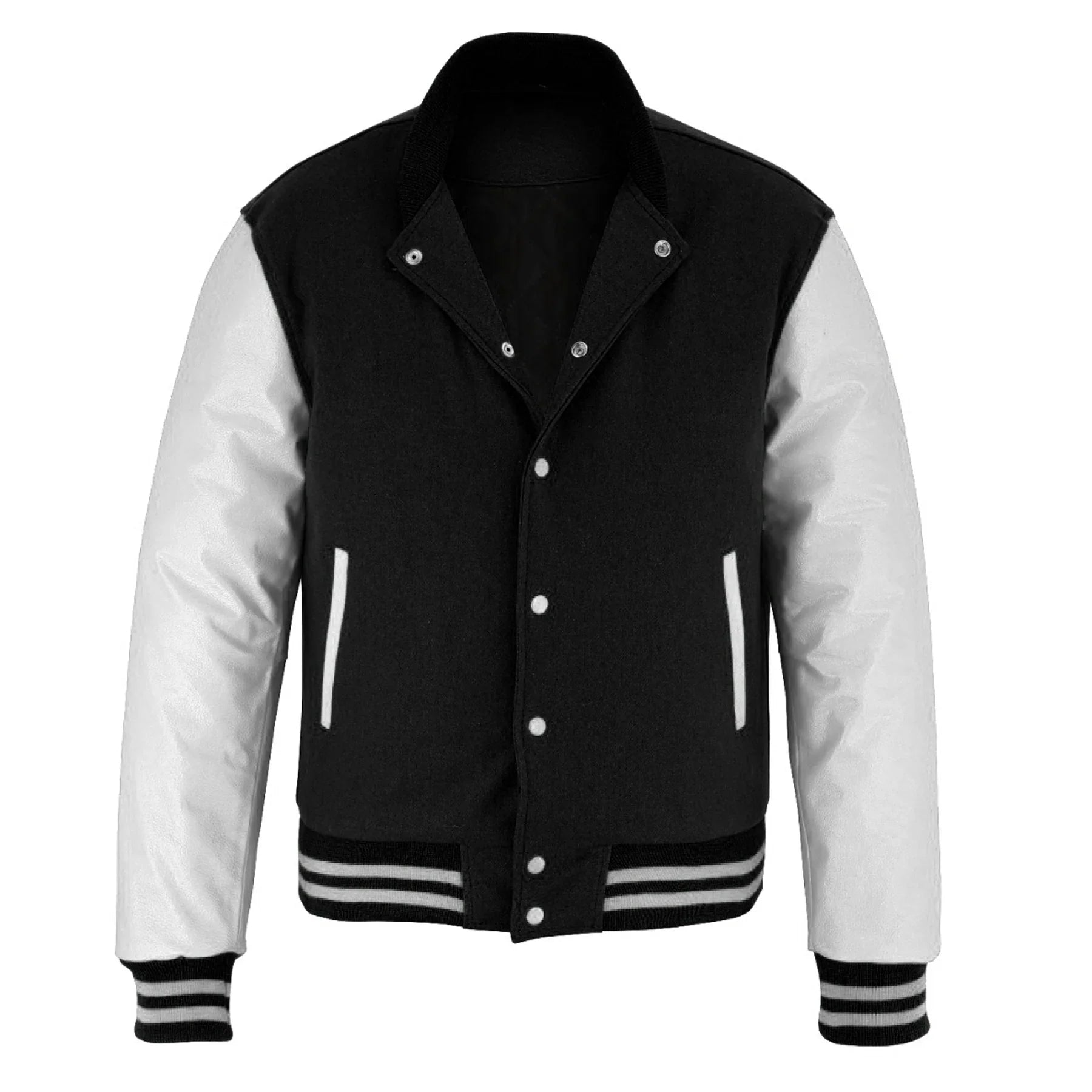 Classic Varsity Letterman Jacket Black Wool With White Genuine Leather Sleeves