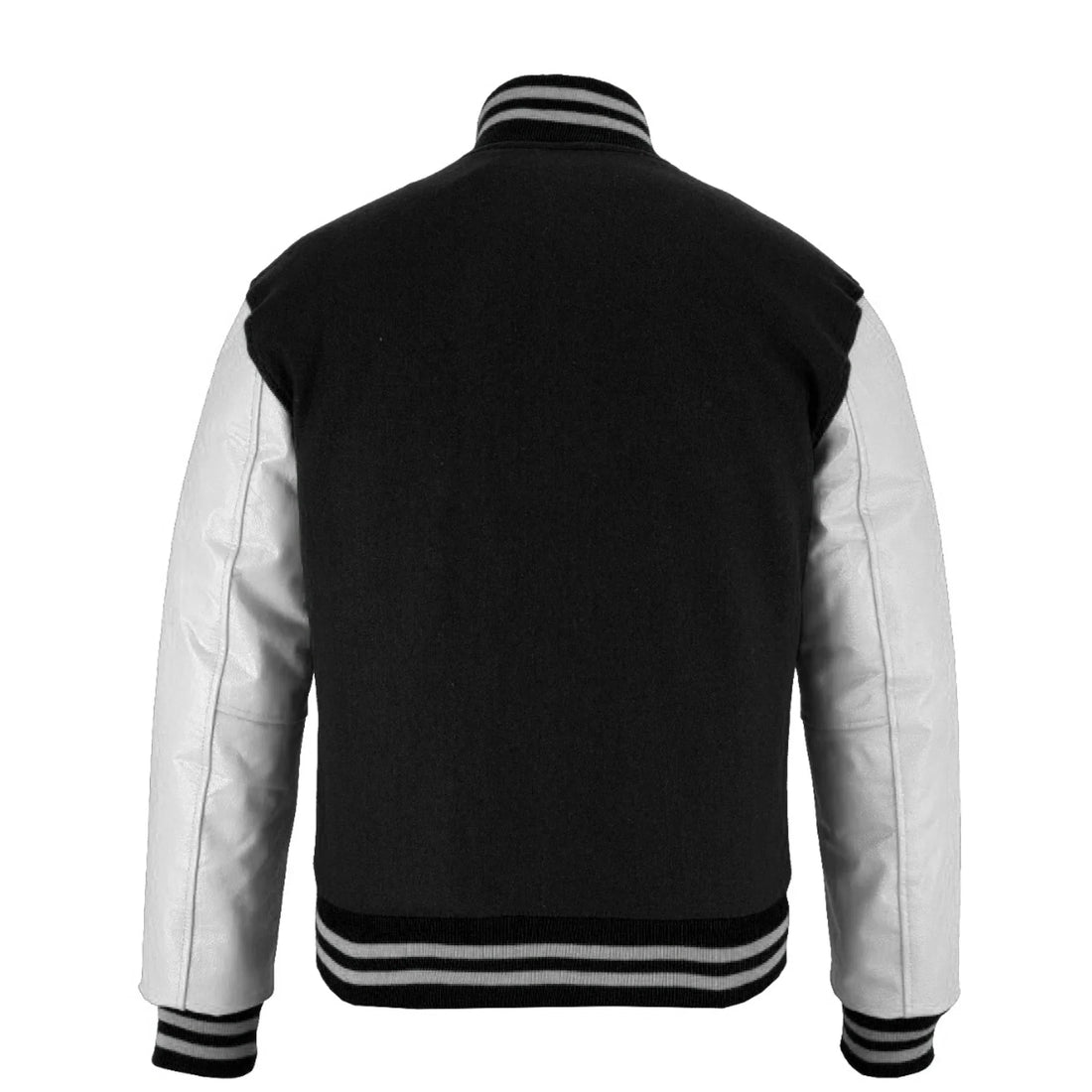 Classic Varsity Letterman Jacket Black Wool With White Genuine Leather Sleeves