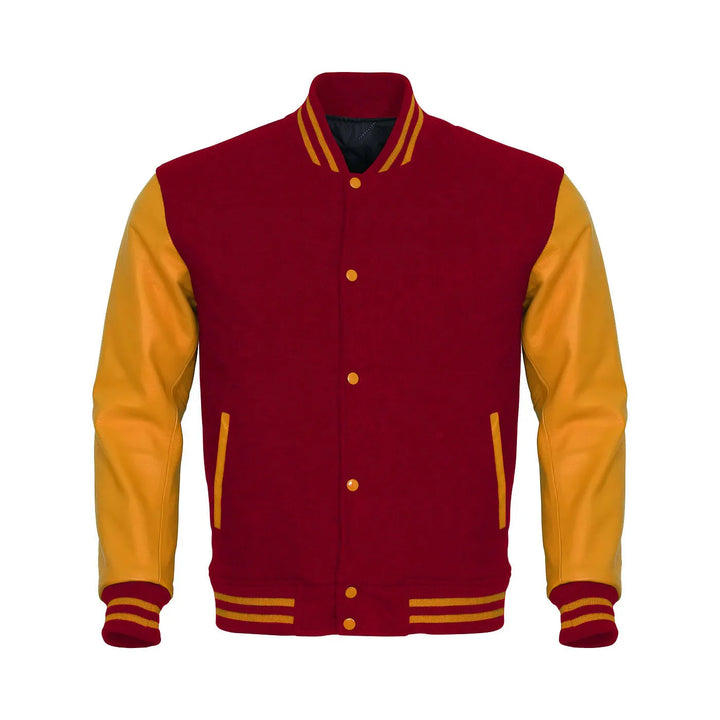 Classic Varsity Letterman Jacket Burgundy Wool with Gold Genuine Leather Sleeves