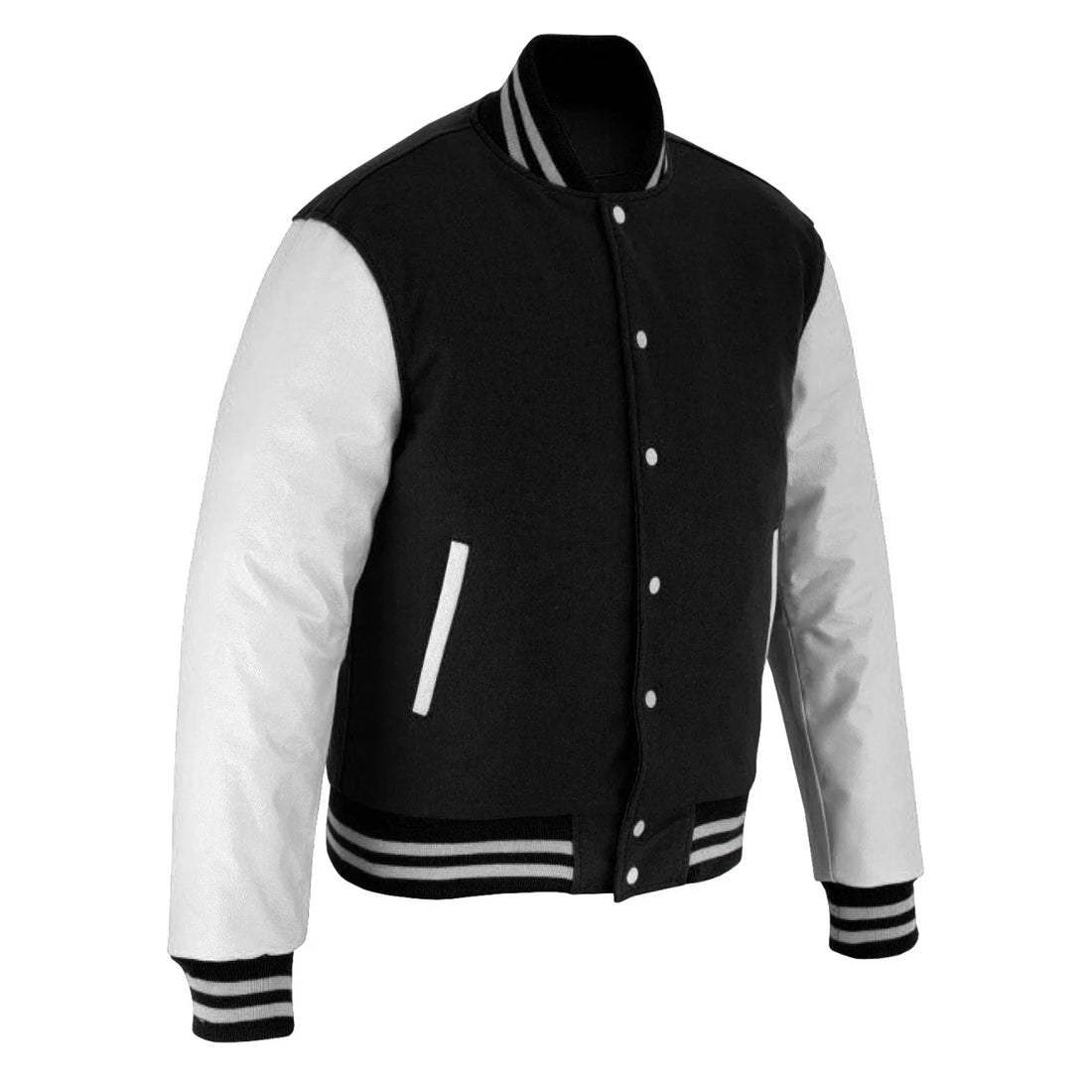 Classic Varsity Letterman Jacket Black Wool With White Genuine Leather Sleeves