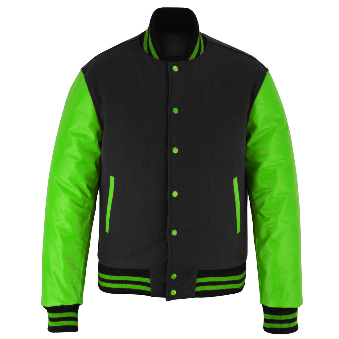 Classic Varsity Letterman Jacket Black Wool with Green Genuine Leather Sleeves and trims