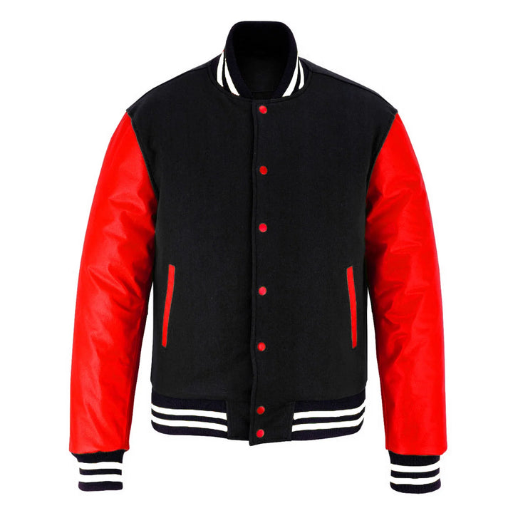 Classic Varsity Letterman Jacket Black Wool with White trim and Red Genuine Leather Sleeves