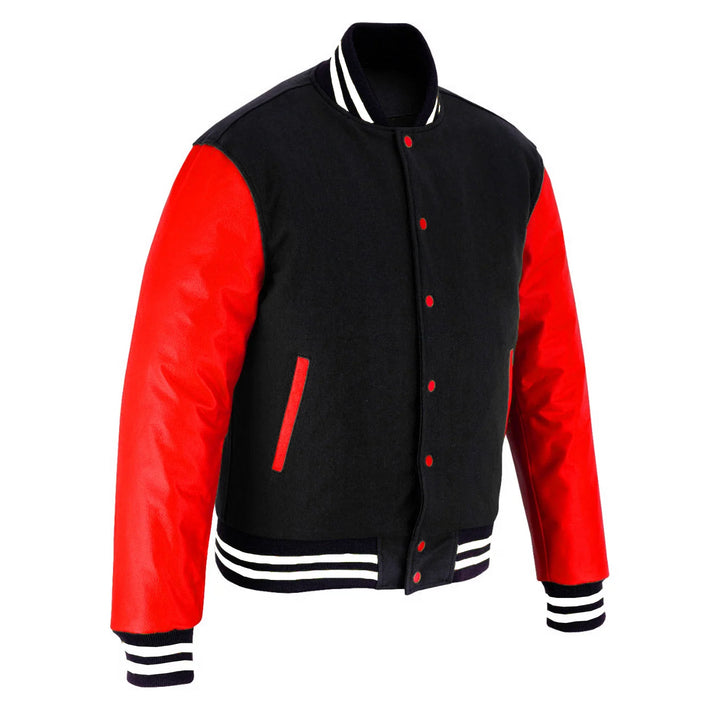 Classic Varsity Letterman Jacket Black Wool with White trim and Red Genuine Leather Sleeves