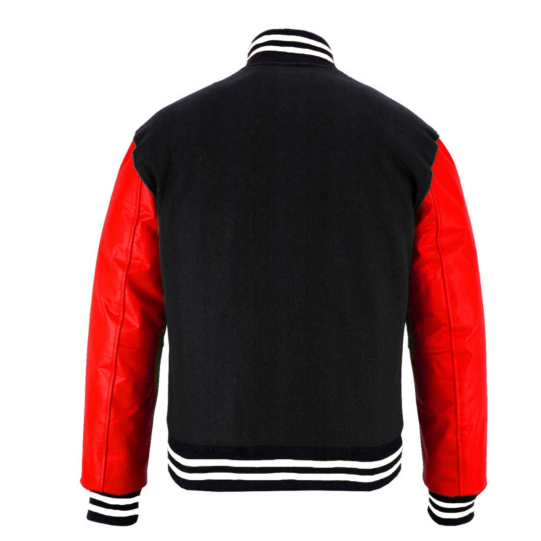 Classic Varsity Letterman Jacket Black Wool with White trim and Red Genuine Leather Sleeves