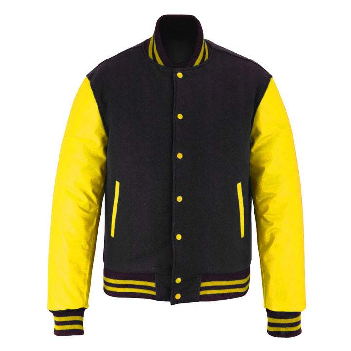 Classic Varsity Letterman Jacket Black Wool with Yellow Genuine Leather Sleeves