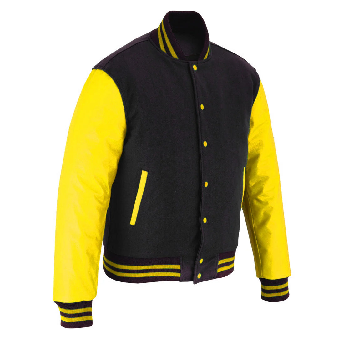 Classic Varsity Letterman Jacket Black Wool with Yellow Genuine Leather Sleeves