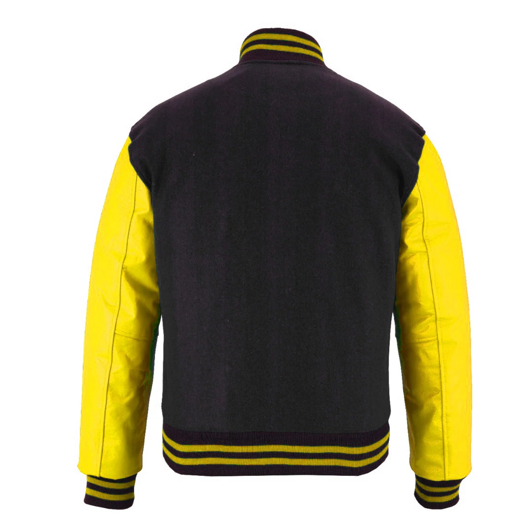 Classic Varsity Letterman Jacket Black Wool with Yellow Genuine Leather Sleeves
