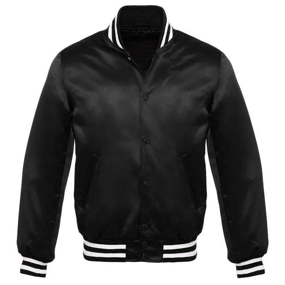 Satin Jacket Vintage Style Letterman Baseball Black Bomber Jacket with White Trim