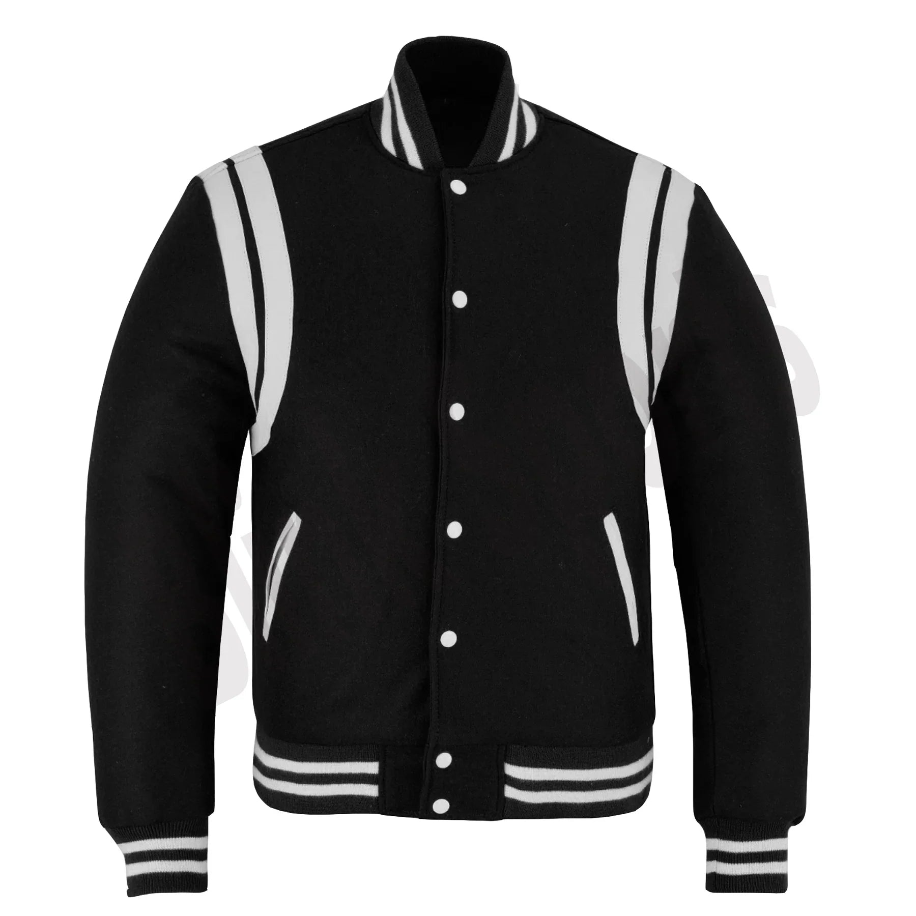 Classic Varsity Letterman Baseball College Jacket Black Wool with White Double Leather Strip
