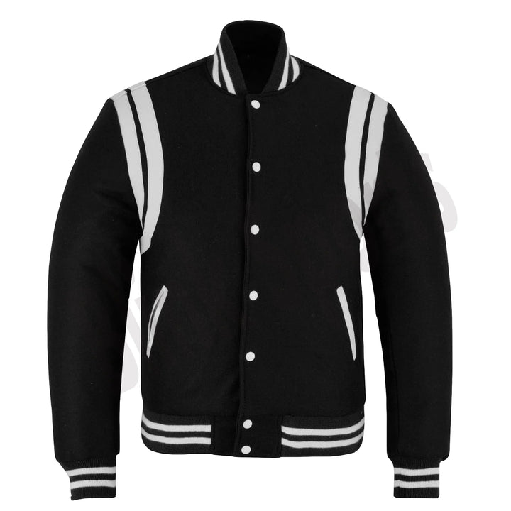 Classic Varsity Letterman Baseball College Jacket Black Wool with White Double Leather Strip