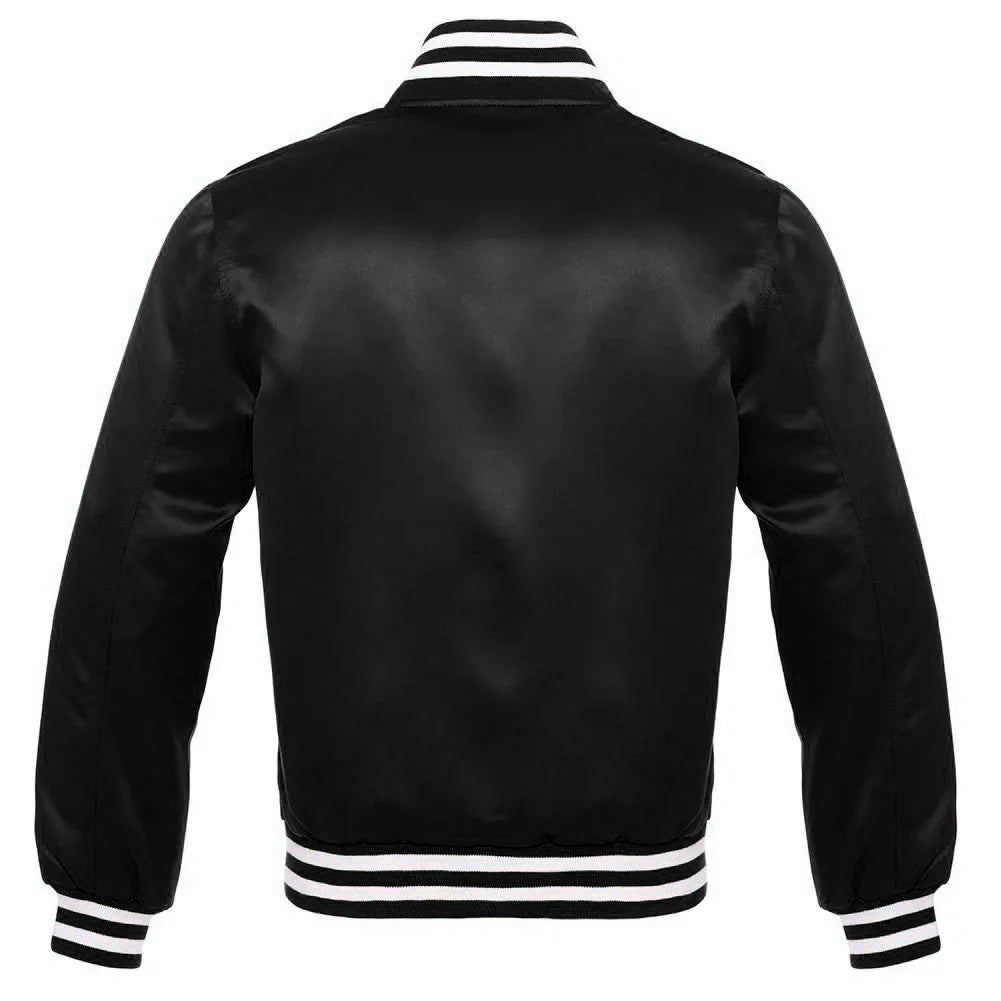 Satin Jacket Vintage Style Letterman Baseball Black Bomber Jacket with White Trim