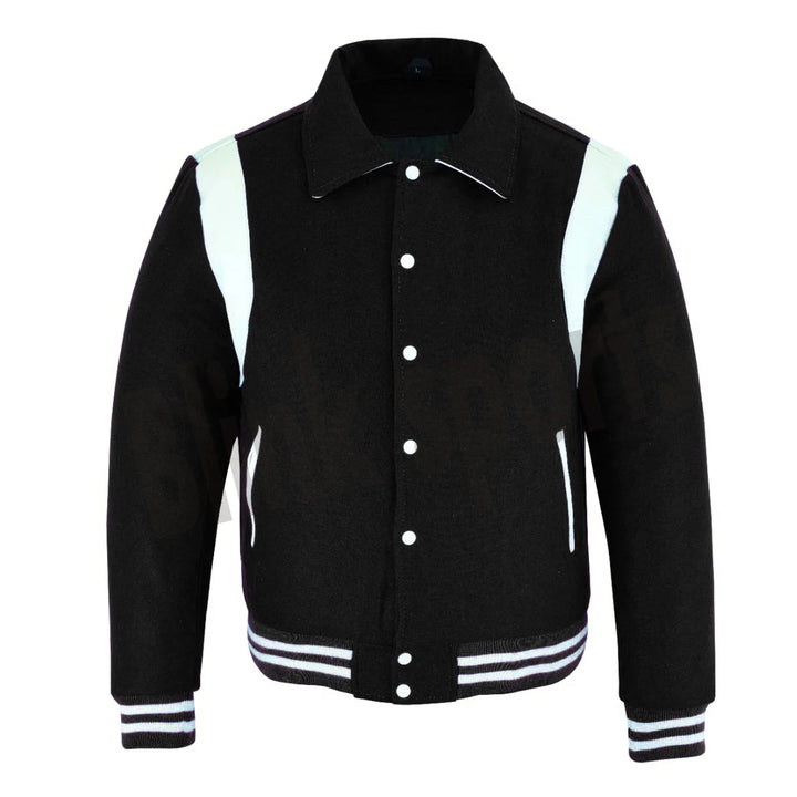 Classic Varsity Letterman Baseball College Jacket Black Wool with White Single Leather Strip