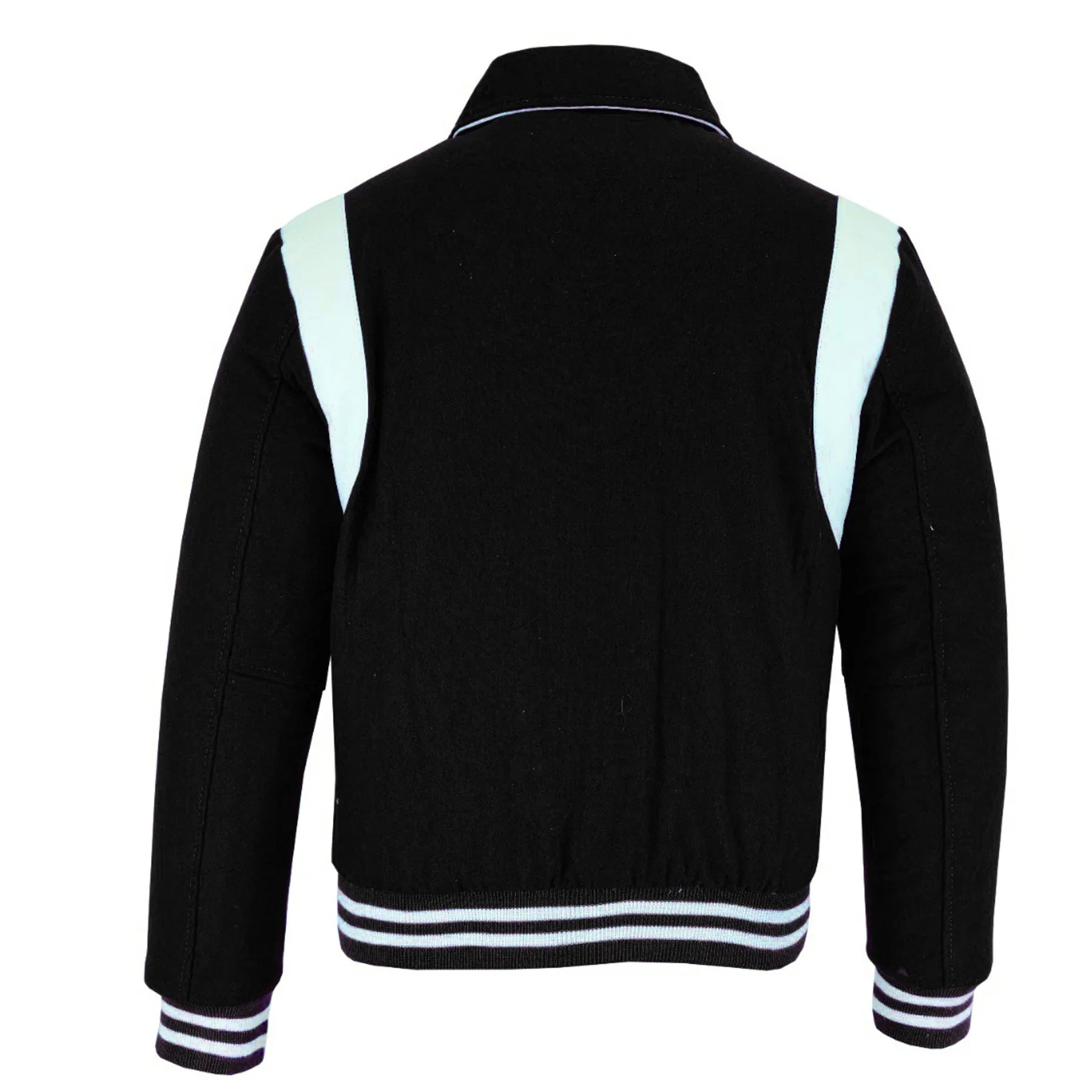Classic Varsity Letterman Baseball College Jacket Black Wool with White Single Leather Strip