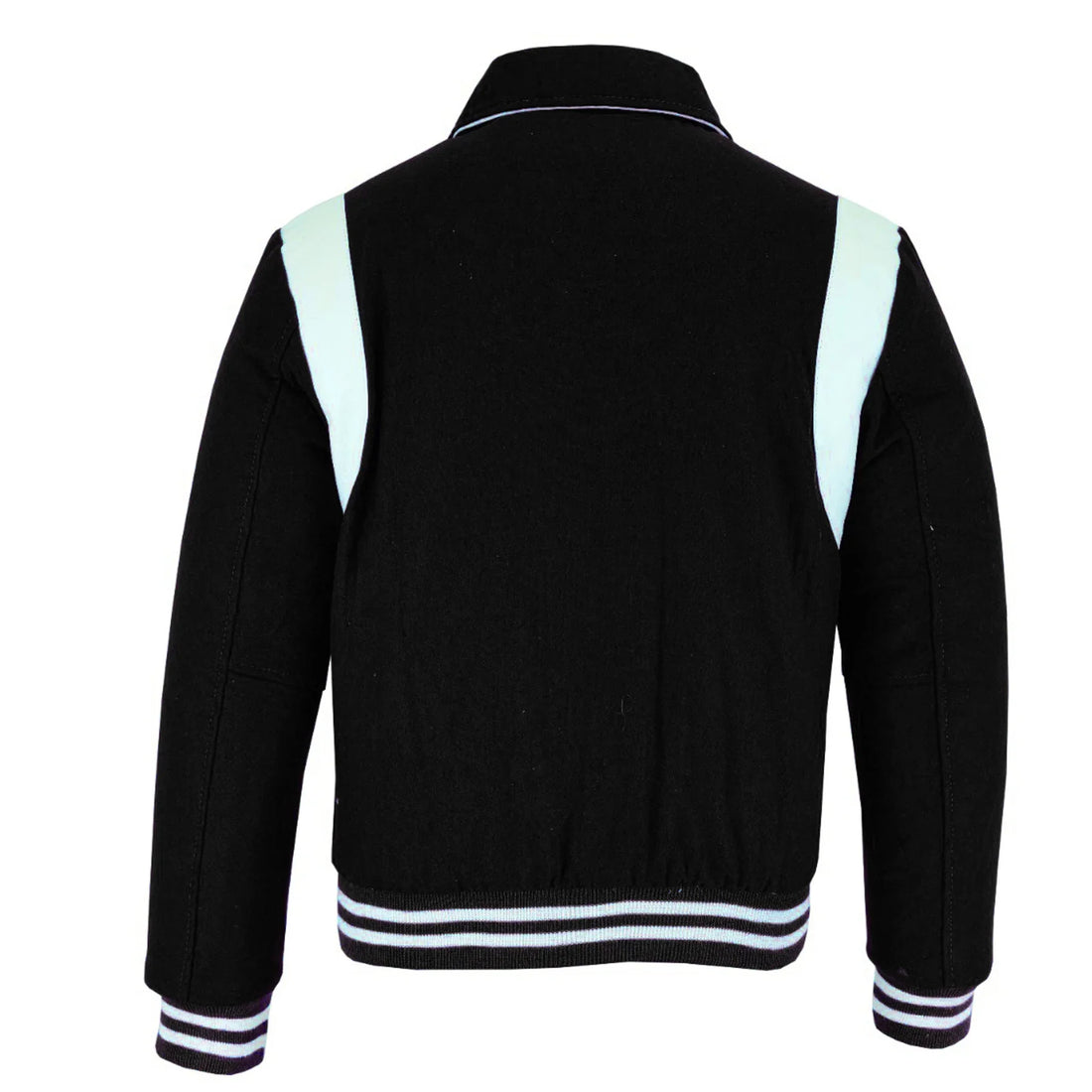 Classic Varsity Letterman Baseball College Jacket Black Wool with White Single Leather Strip