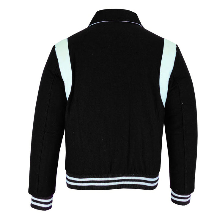 Classic Varsity Letterman Baseball College Jacket Black Wool with White Single Leather Strip