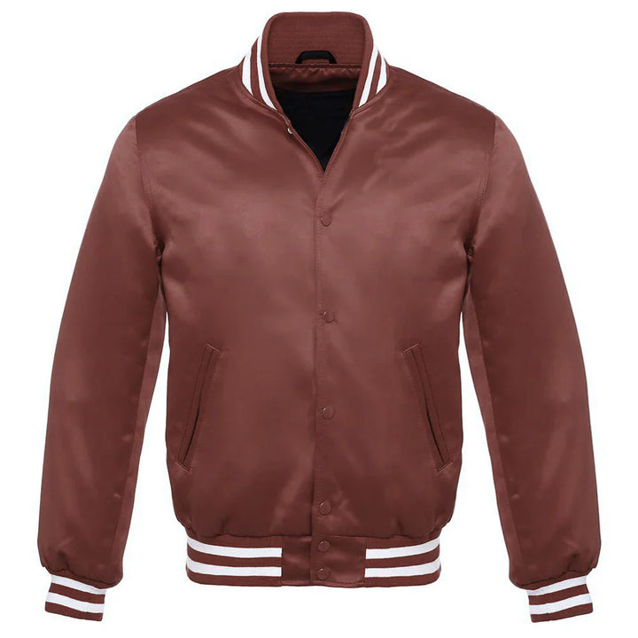 Satin Jacket Vintage Style Letterman Baseball Brown Bomber Jacket with White Trim
