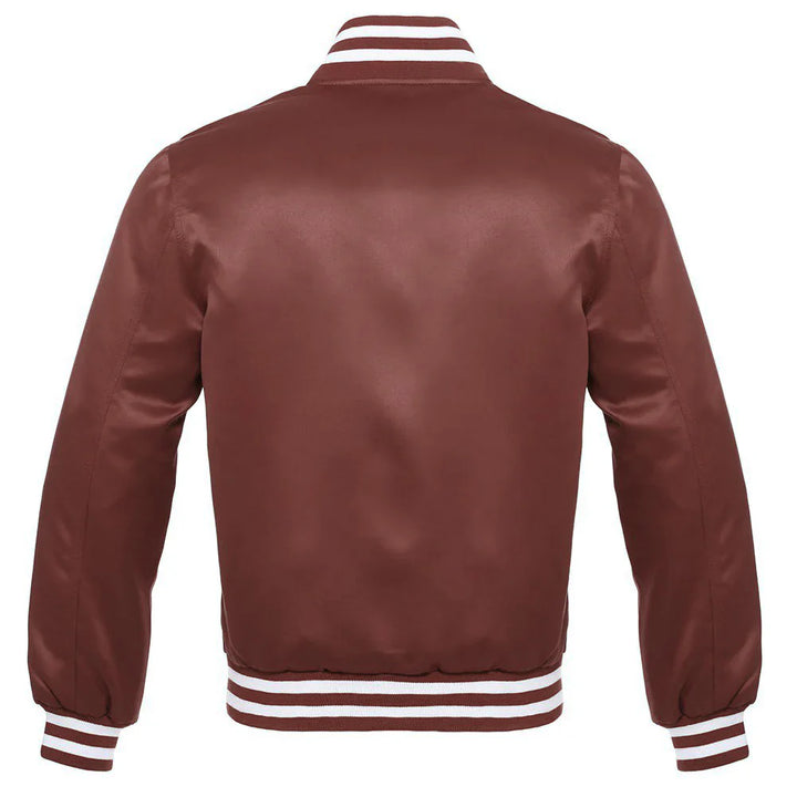 Satin Jacket Vintage Style Letterman Baseball Brown Bomber Jacket with White Trim