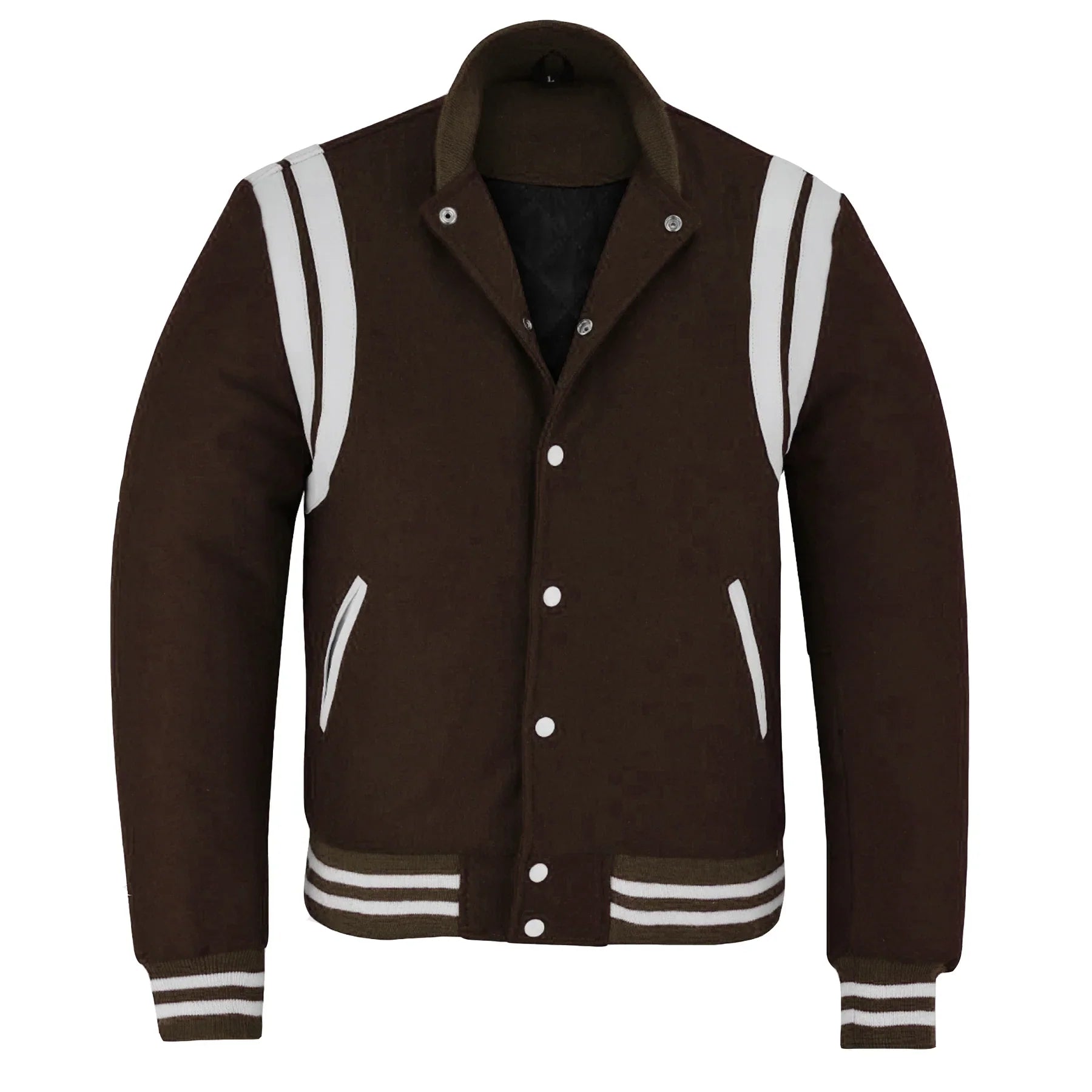 Classic Varsity Letterman Baseball College Jacket Brown Wool with White Double Leather Strip