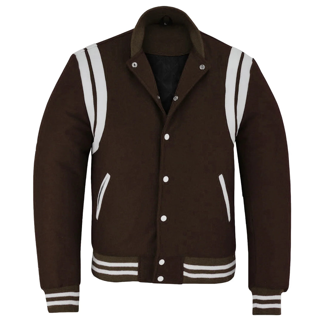 Classic Varsity Letterman Baseball College Jacket Brown Wool with White Double Leather Strip