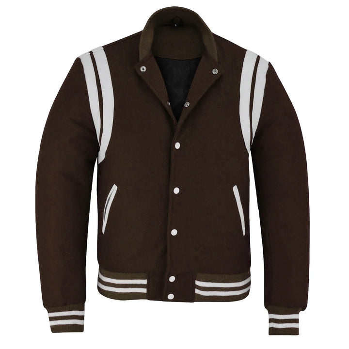 Classic Varsity Letterman Baseball College Jacket Brown Wool with White Double Leather Strip