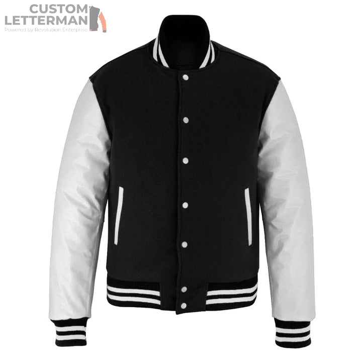 Classic Varsity Letterman Jacket Black Wool with White Genuine Leather Sleeves for Paige