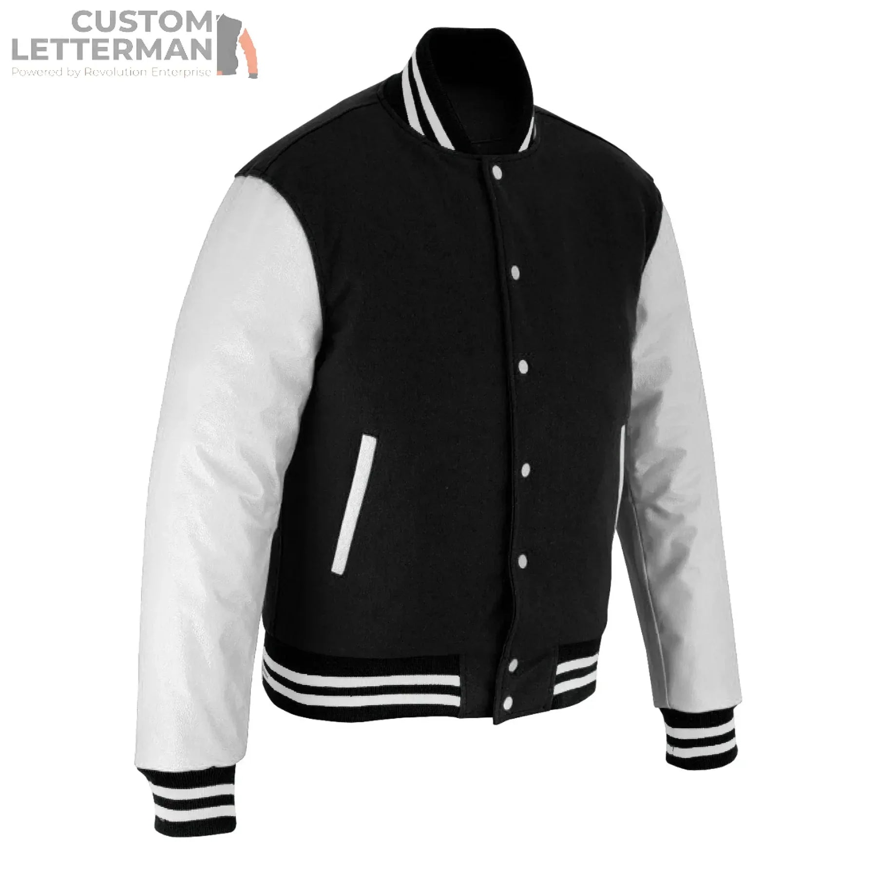 Classic Varsity Letterman Jacket Black Wool with White Genuine Leather Sleeves for Paige
