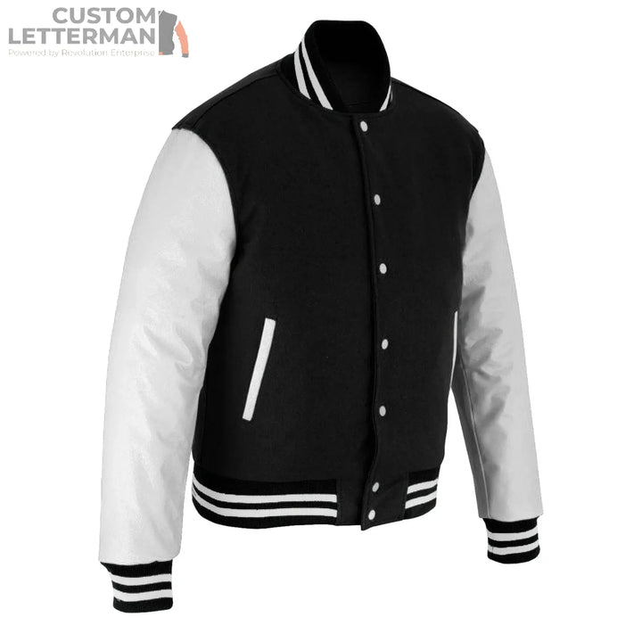 Classic Varsity Letterman Jacket Black Wool with White Genuine Leather Sleeves for Paige