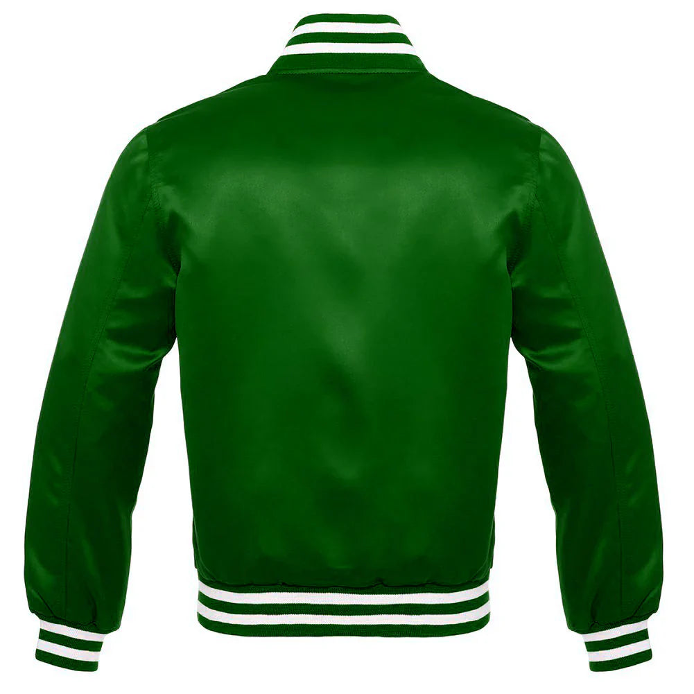 Satin Jacket Vintage Style Letterman Baseball Dark Green Bomber Jacket with White Trim